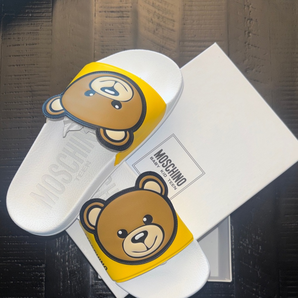 Moschino Kids Bear Face Slides in White and Yellow